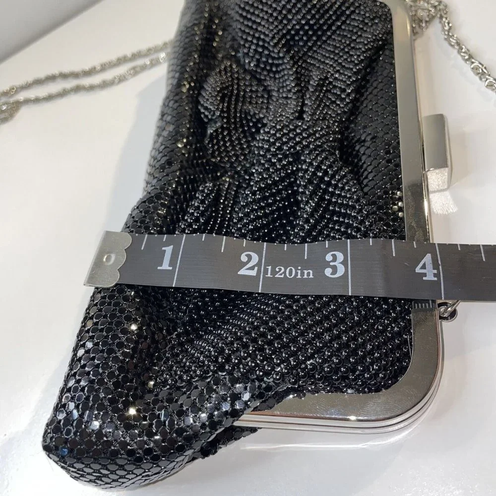 Jessica McClintock Bow Purse Black Metal Mesh Clutch Evening Bag W/ Strap‎ AL4